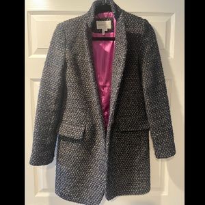 BCBG marled blackish/blue and tan coat with purple interior - size S